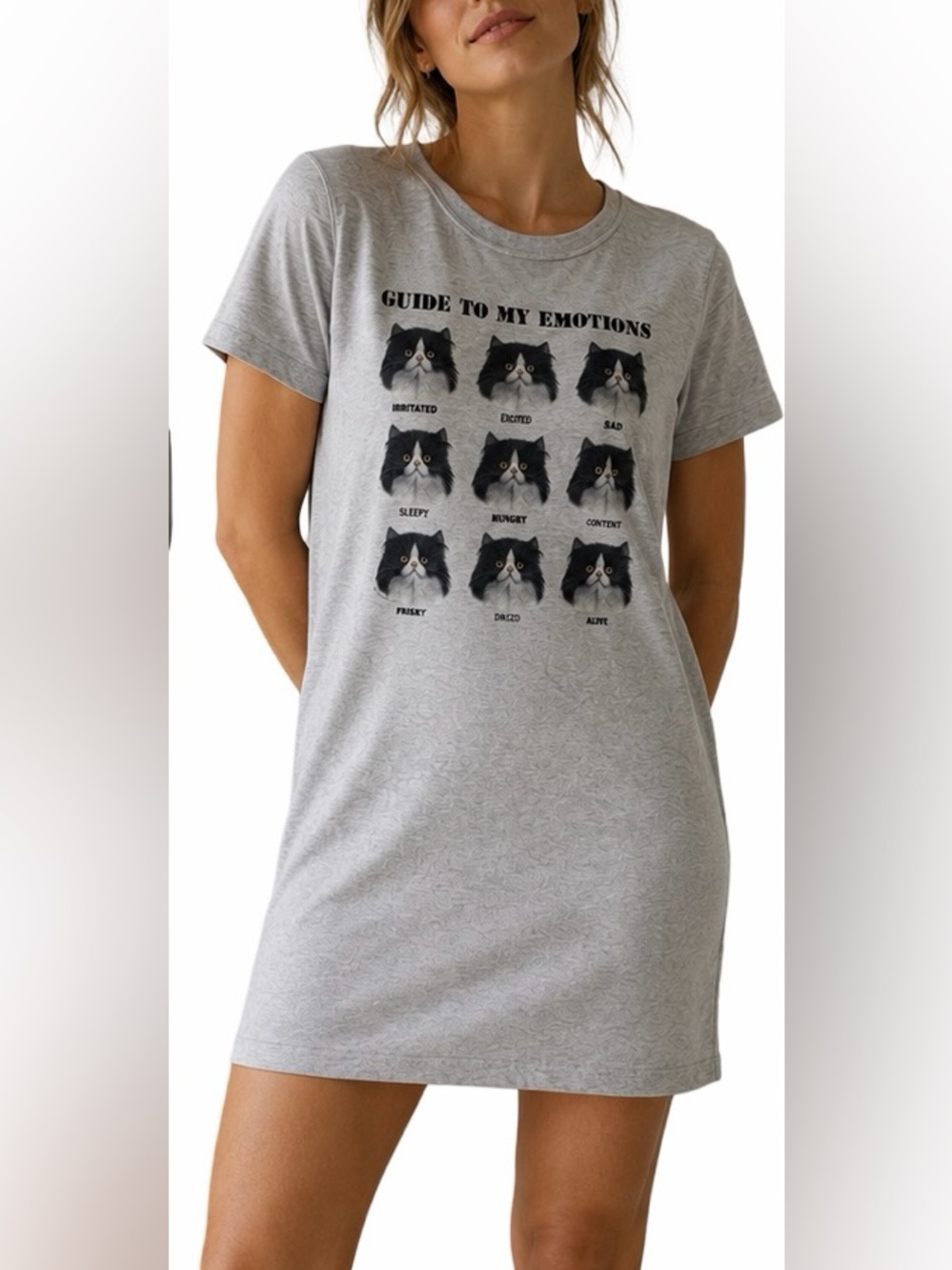 Vintage Funny Cat Graphic T-Shirt Dress Nightgown One Size Guide To My Emotions